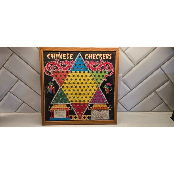 N/A Other - Vintage Wooden Chinese Checkers Board Game With Intricate Dragon Design & Colorf